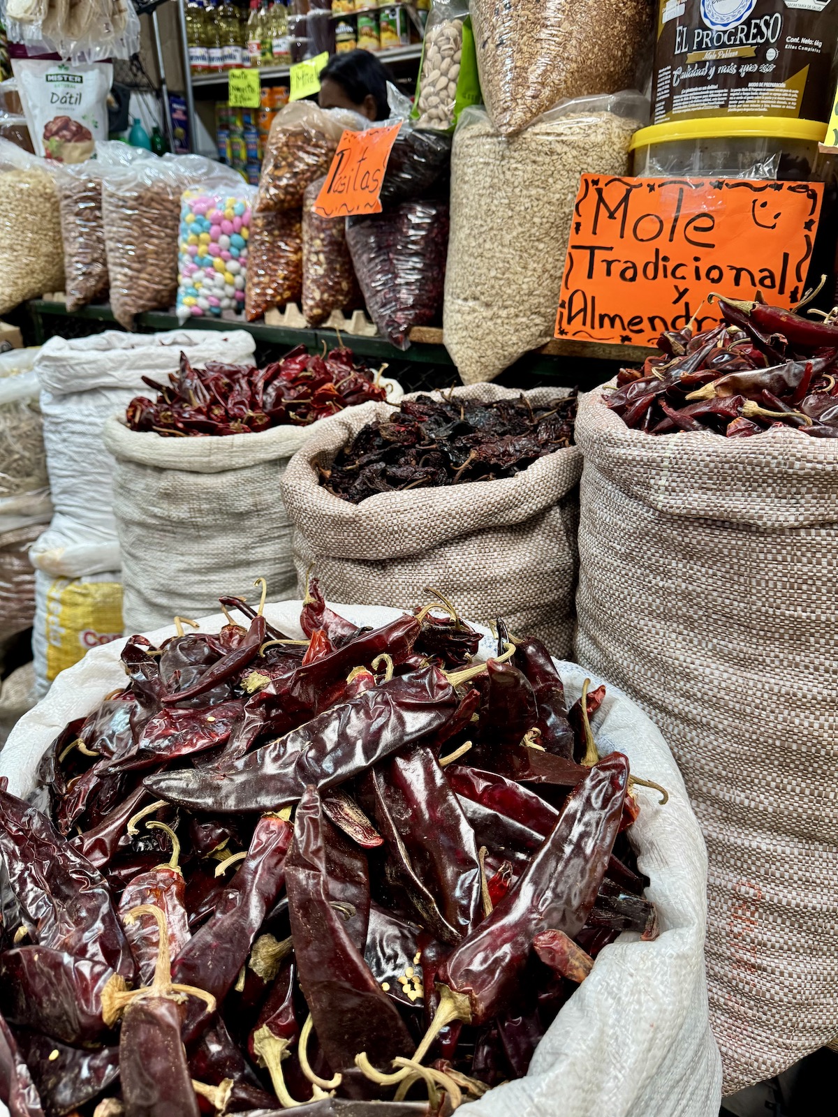 Chiles and spices at a market in Puebla. 