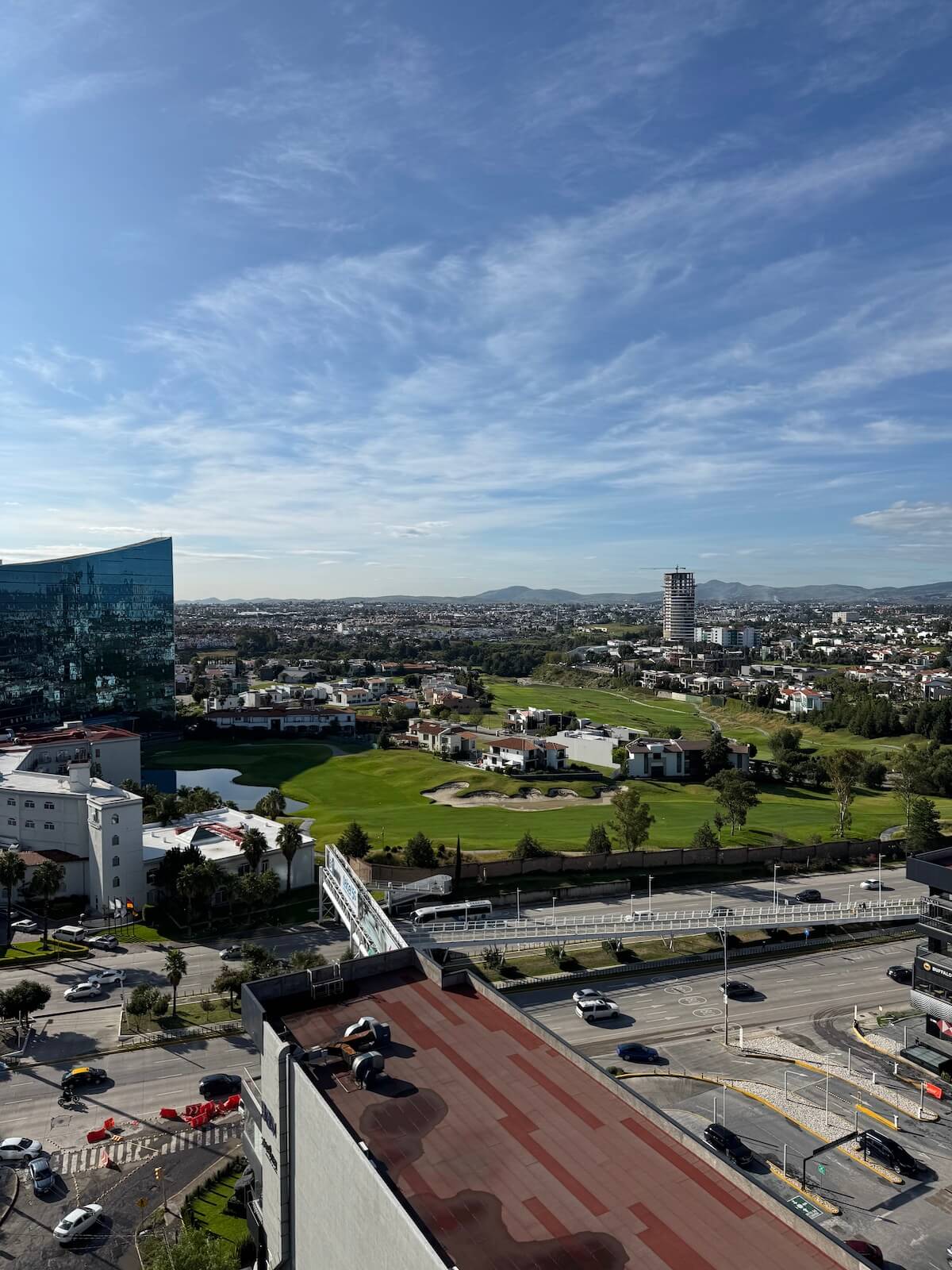 A hotel rooftop view of downtown Puebla.